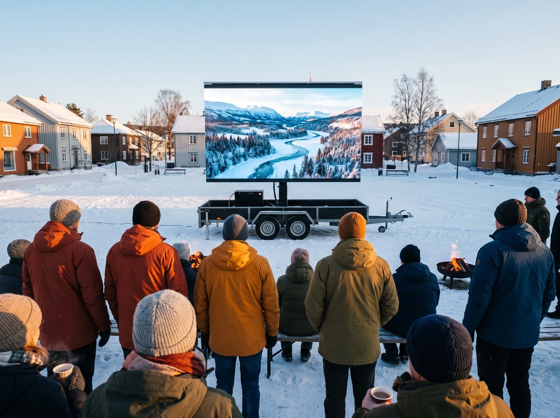 Illustrasjon: utekino på et snødekt torg med mobil LED-skjerm og bålpanner